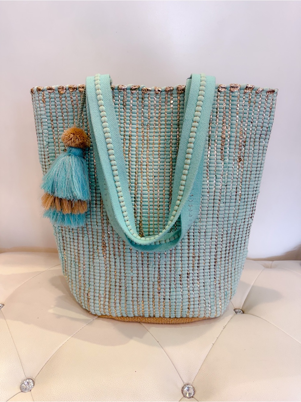 Aqua Woven Straw Tote with Tassel Accent